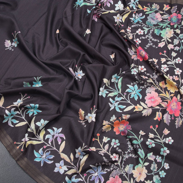 Semi Raw Silk Black Floral Printed Saree