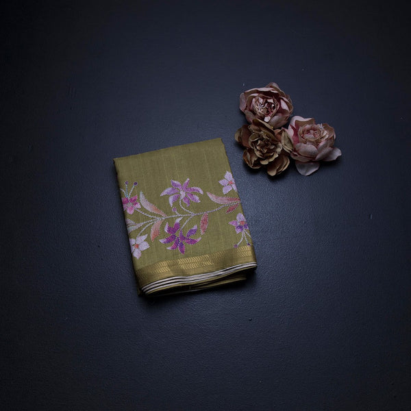 Semi Raw Silk Mehandi Green Floral Printed Saree