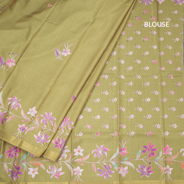 Semi Raw Silk Mehandi Green Floral Printed Saree
