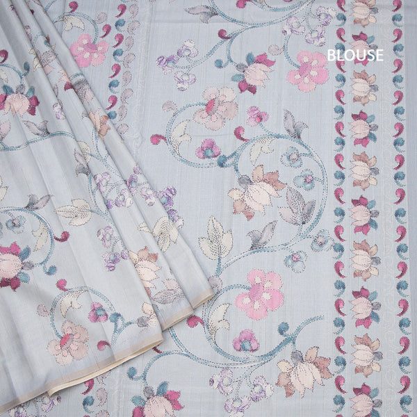 Semi Raw Silk Light Grey Floral Printed Saree 02