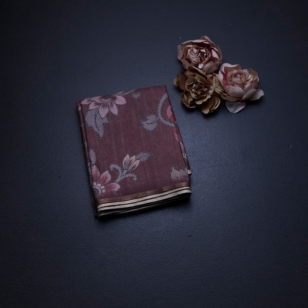 Semi Raw Silk Dark Brown Floral Printed Saree