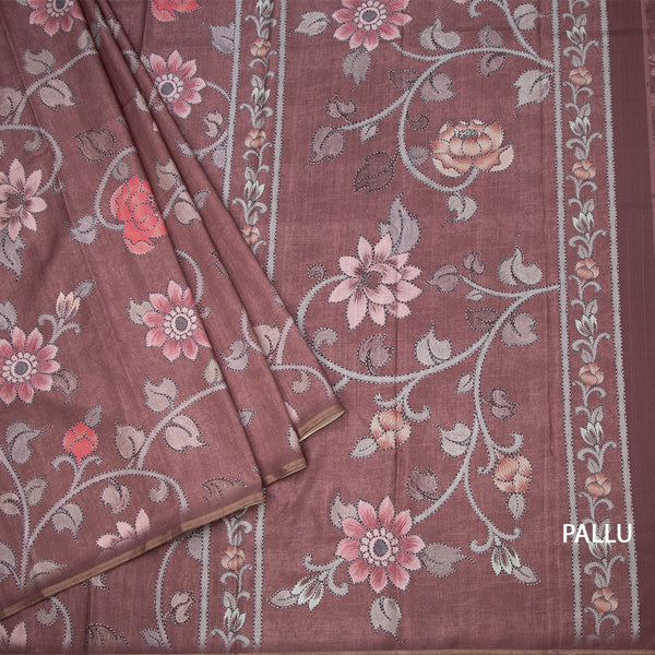 Semi Raw Silk Dark Brown Floral Printed Saree