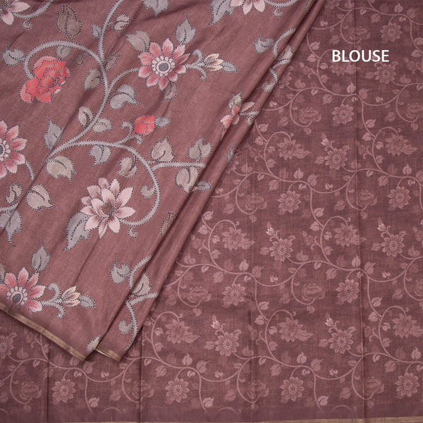 Semi Raw Silk Dark Brown Floral Printed Saree