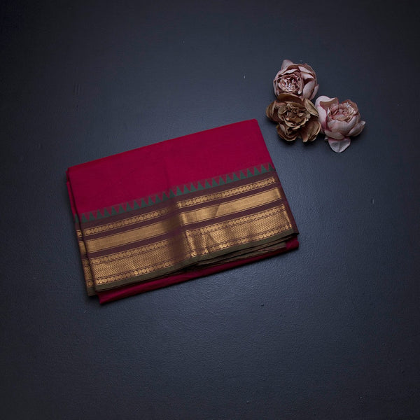 Chettinad Cotton Reddish Pink Plain Saree With Zari Border