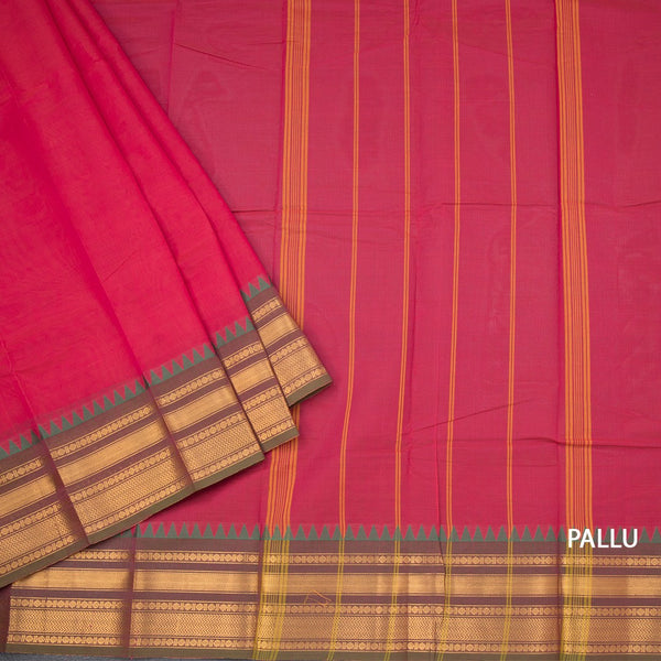 Chettinad Cotton Reddish Pink Plain Saree With Zari Border
