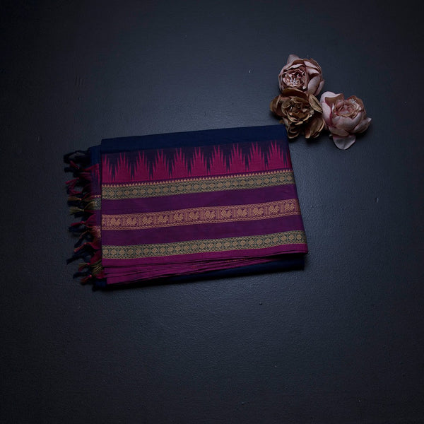 Chettinad Cotton Dark Blue Saree With Thread Buttas And Temple Border