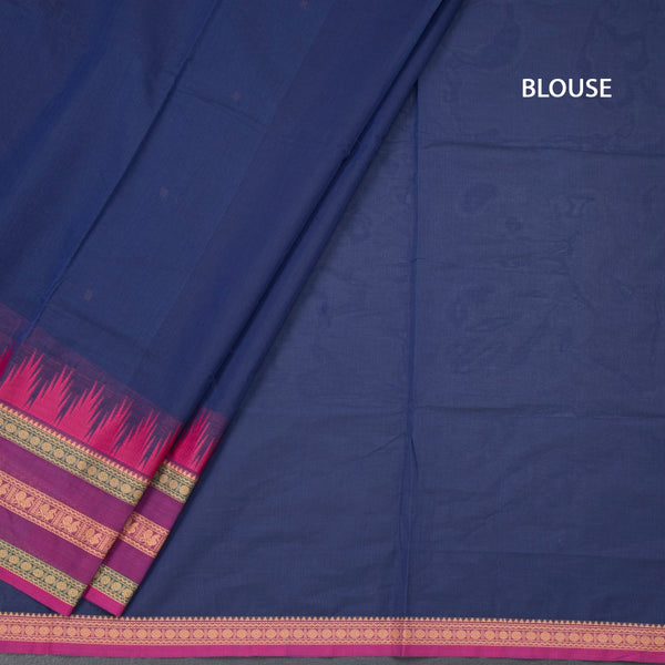 Chettinad Cotton Dark Blue Saree With Thread Buttas And Temple Border