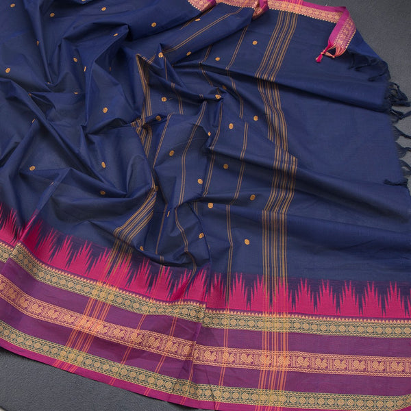 Chettinad Cotton Dark Blue Saree With Thread Buttas And Temple Border
