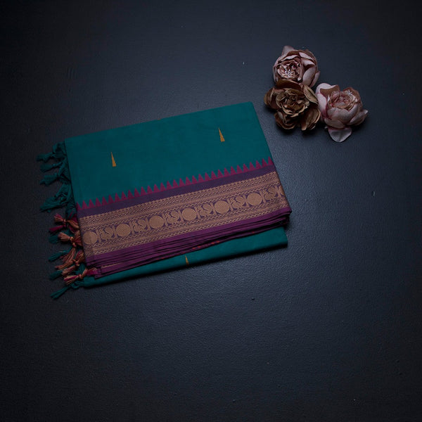 Chettinad Cotton Peacock Green Saree With Thread Buttas And Thread Border
