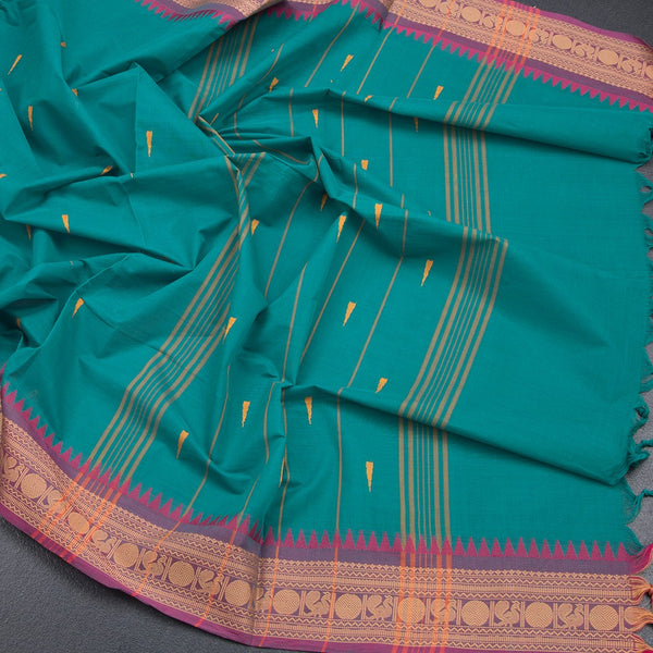 Chettinad Cotton Peacock Green Saree With Thread Buttas And Thread Border