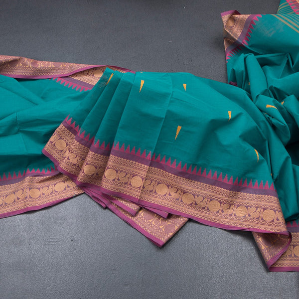 Chettinad Cotton Peacock Green Saree With Thread Buttas And Thread Border