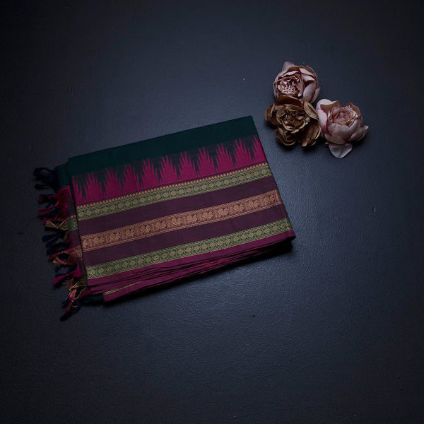 Chettinad Cotton Dark Green Saree With Thread Buttas And Thread Border