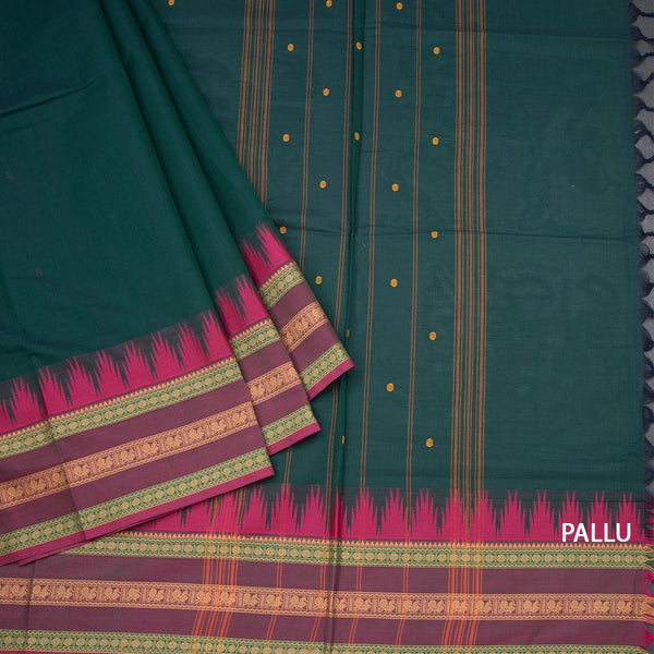 Chettinad Cotton Dark Green Saree With Thread Buttas And Thread Border