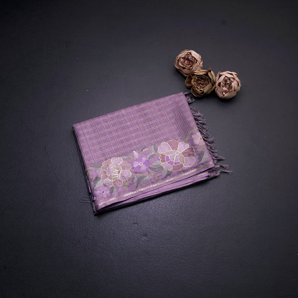 Semi Raw Silk Lavender Zari Checked Saree And Embroidered Border 02