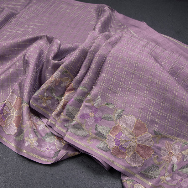Semi Raw Silk Lavender Zari Checked Saree And Embroidered Border 02