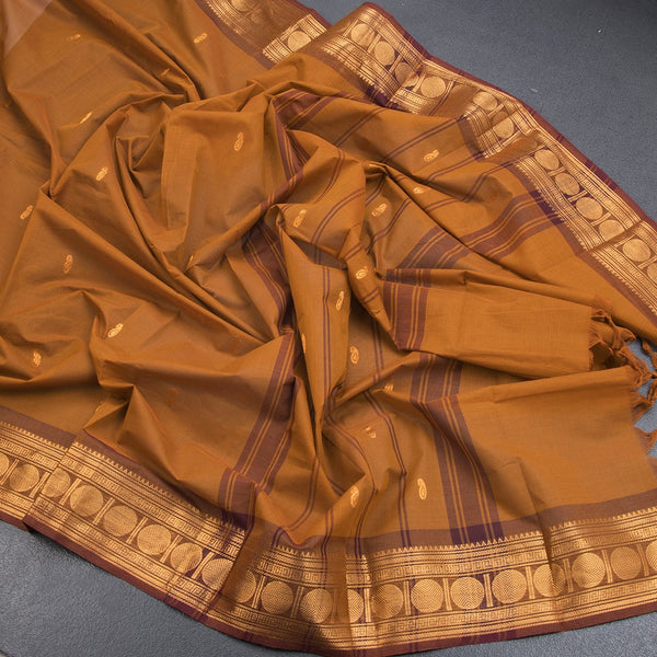 Kanchi Cotton Golden Brown Saree With Zari Buttas And Zari Border - Kumaran Silks