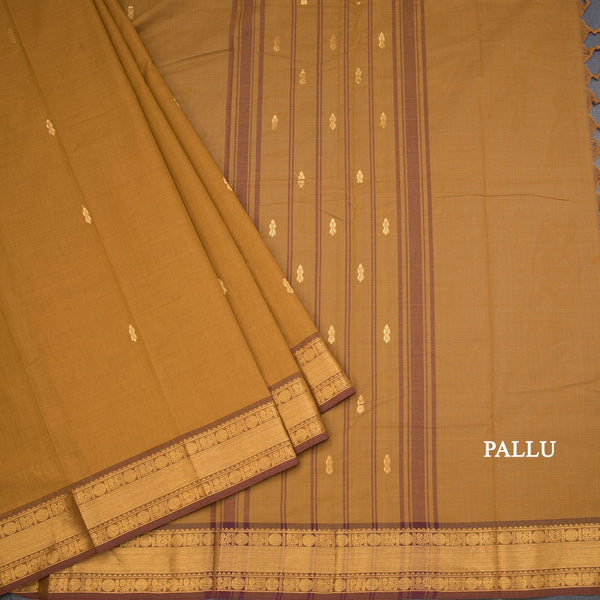 Kanchi Cotton Golden Brown Saree With Zari Buttas And Rettapet Border 02