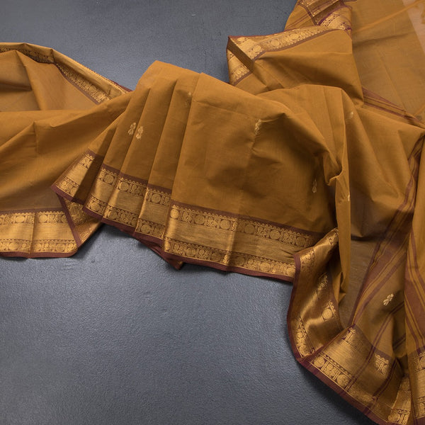 Kanchi Cotton Golden Brown Saree With Zari Buttas And Rettapet Border 02