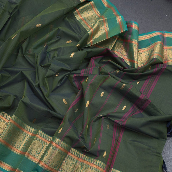Kanchi Cotton Olive Green Saree With Zari Buttas And Zari Border - Kumaran Silks