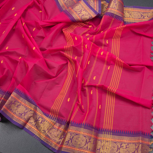Kanchi Cotton Hot Pink Saree With Thread Buttas And Temple Border - Kumaran Silks