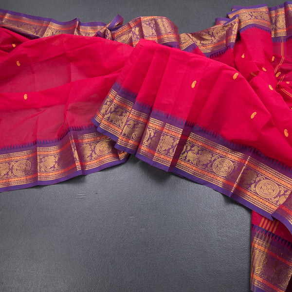 Kanchi Cotton Hot Pink Saree With Thread Buttas And Temple Border