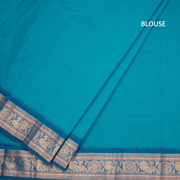 Kanchi Cotton Peacock Blue Saree With Thread Buttas And Zari Border