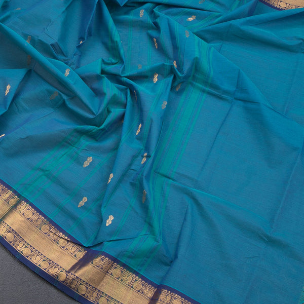 Kanchi Cotton Peacock Blue Saree With Zari Buttas And Rettapet Border - Kumaran Silks