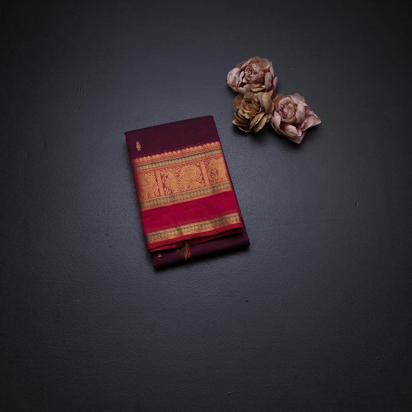 Kanchi Cotton Dark Pink Saree With Zari Buttas And Zari Border