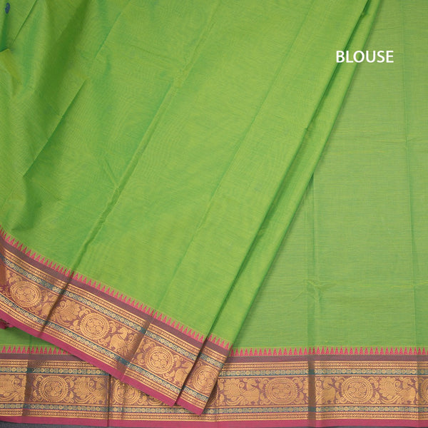 Kanchi Cotton Parrot Green Saree With Thread Buttas And Zari Border