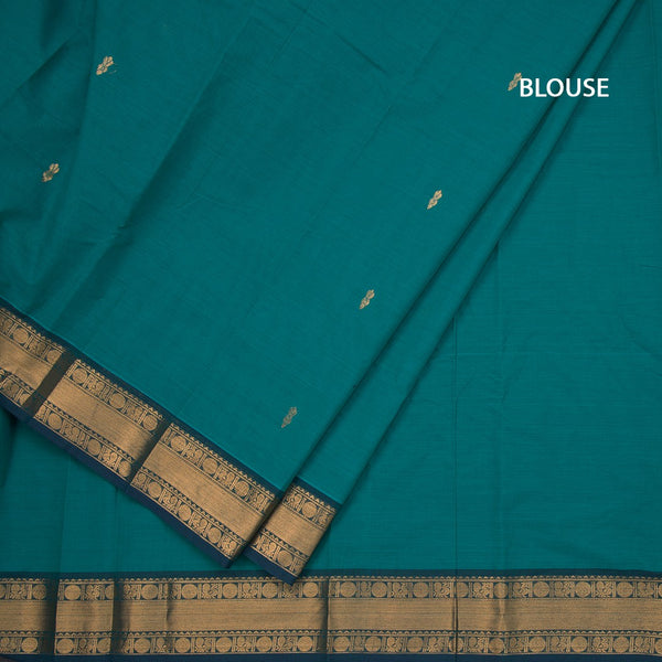 Kanchi Cotton Peacock Green Saree With Zari Buttas And Zari Border