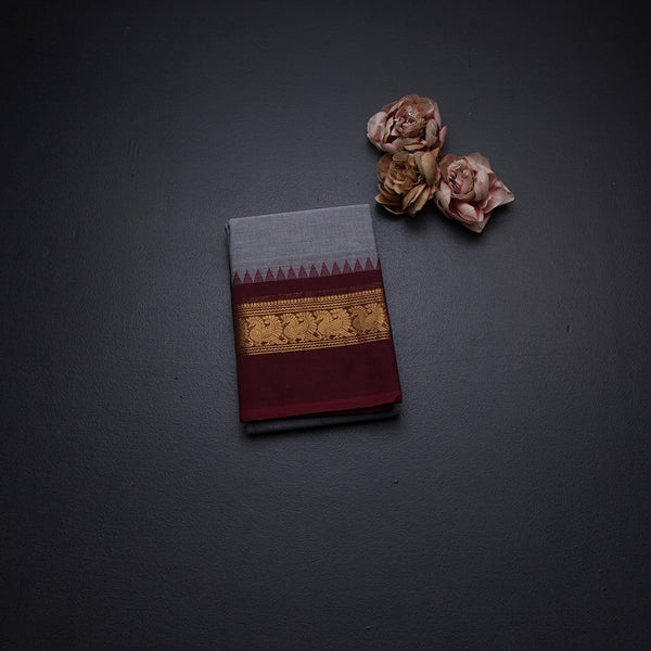 Kanchi Cotton Grey Plain Saree And Temple Border