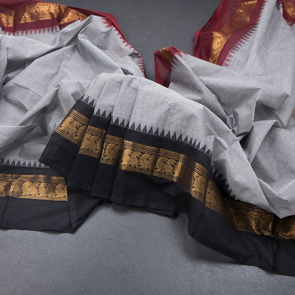 Kanchi Cotton Grey Plain Saree And Temple Border