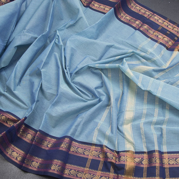 Kanchi Cotton Light Blue Plain Saree And Rettapet Border - Kumaran Silks