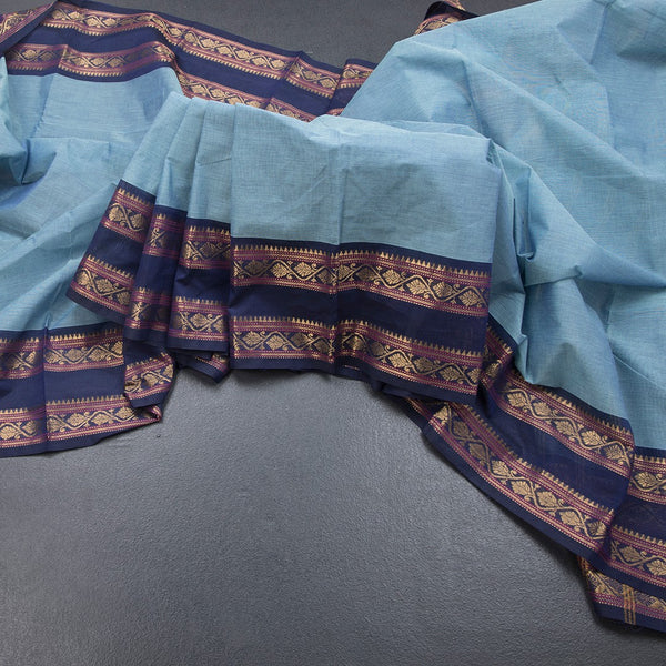 Kanchi Cotton Light Blue Plain Saree And Rettapet Border
