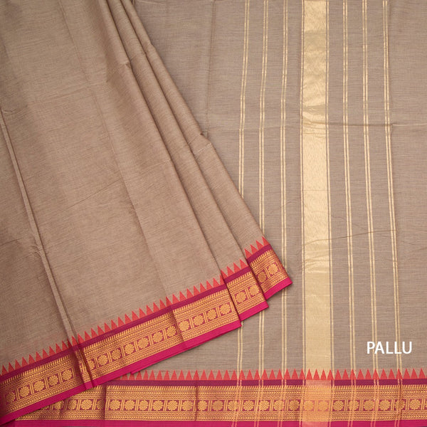 Kanchi Cotton Light Brown Plain Saree And Temple Border