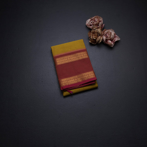 Kanchi Cotton Yellow Plain Saree With Two Colour Border