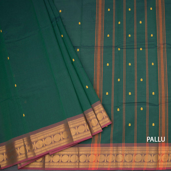 Kanchi Cotton Dark GreenSaree With Thread Buttas And Zari Border 02