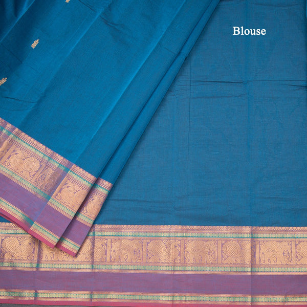 Kanchi Cotton Peacock Blue Saree With Zari Buttas And Zari Border 03