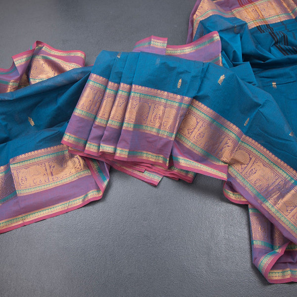 Kanchi Cotton Peacock Blue Saree With Zari Buttas And Zari Border 03