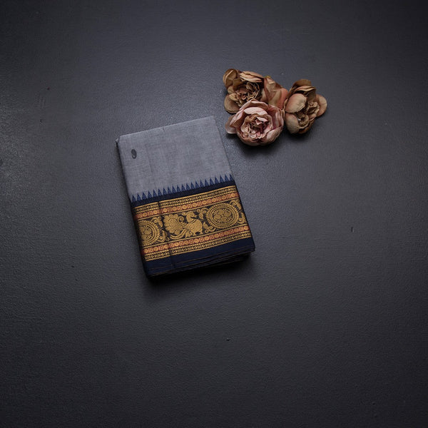 Kanchi Cotton Grey Saree With Thread Buttas And Temple Border