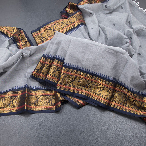 Kanchi Cotton Grey Saree With Thread Buttas And Temple Border