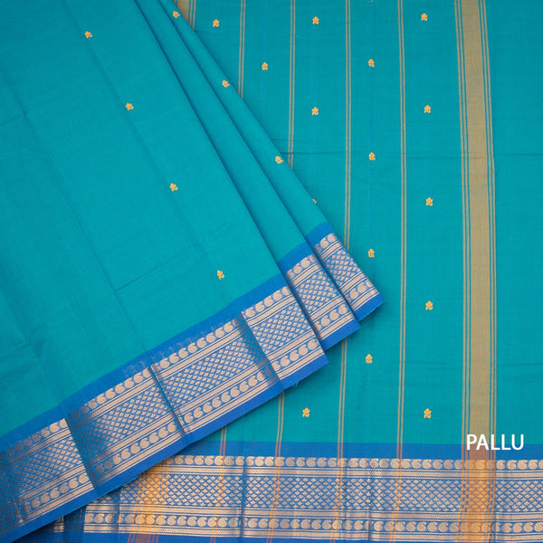 Kanchi Cotton Peacock Blue Saree With Thread Buttas And Zari Border 02