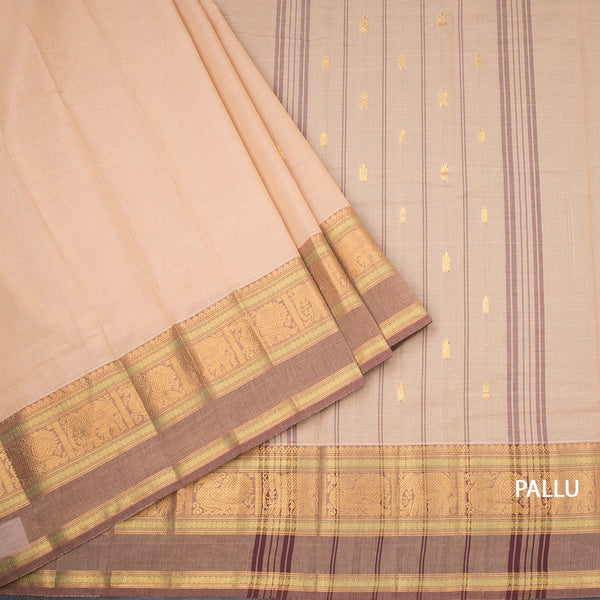 Kanchi Cotton Light Brown Saree With Zari Buttas And Zari Border