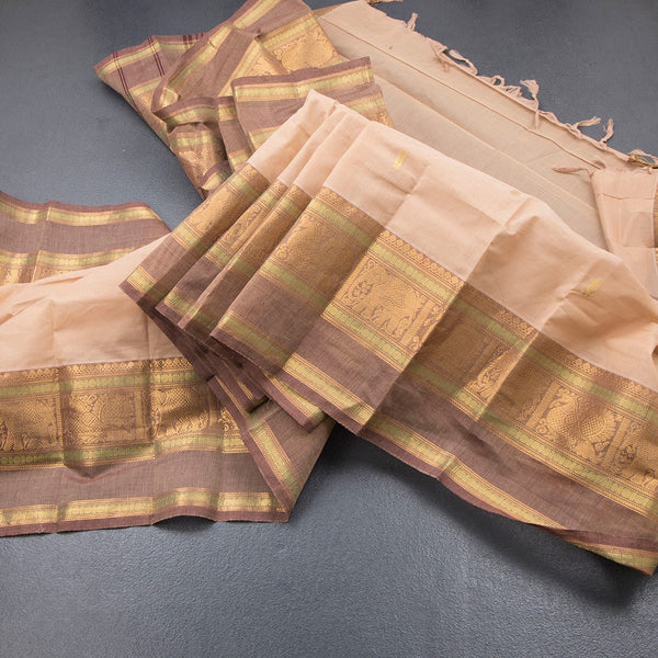 Kanchi Cotton Light Brown Saree With Zari Buttas And Zari Border
