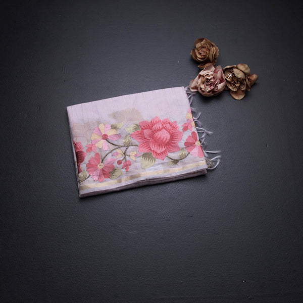 Linen Baby Pink Zari Stripes Saree And Thread Embroidered Border
