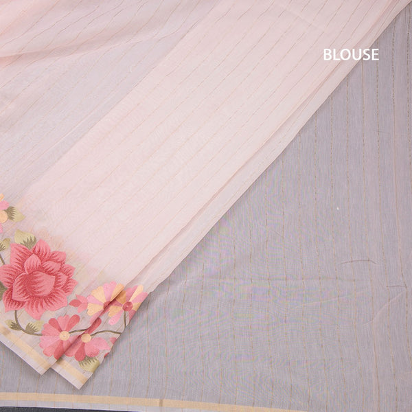 Linen Light Pink Zari Stripes Saree And Thread Embroidered Border