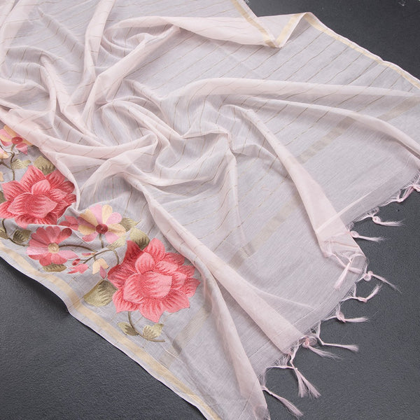 Linen Light Pink Zari Stripes Saree And Thread Embroidered Border - Kumaran Silks