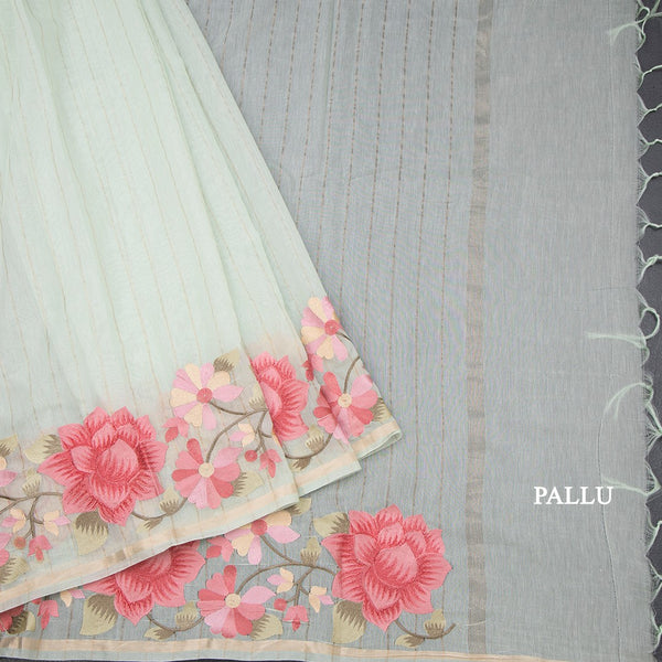 Linen Light Green Zari Stripes Saree And Thread Embroidered Border