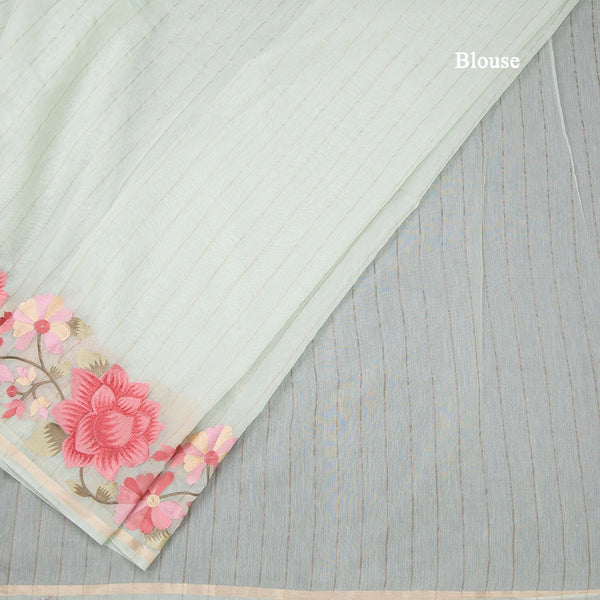 Linen Light Green Zari Stripes Saree And Thread Embroidered Border