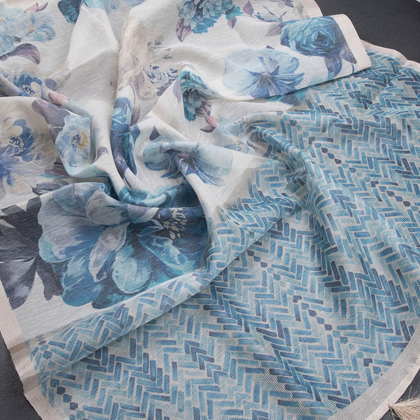 Raw Silk Cream Floral Printed Saree With Ribbon Border 06 - Kumaran Silks